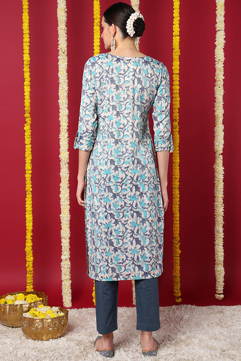 blue silk blend ethnic motifs printed straight kurta vck9709