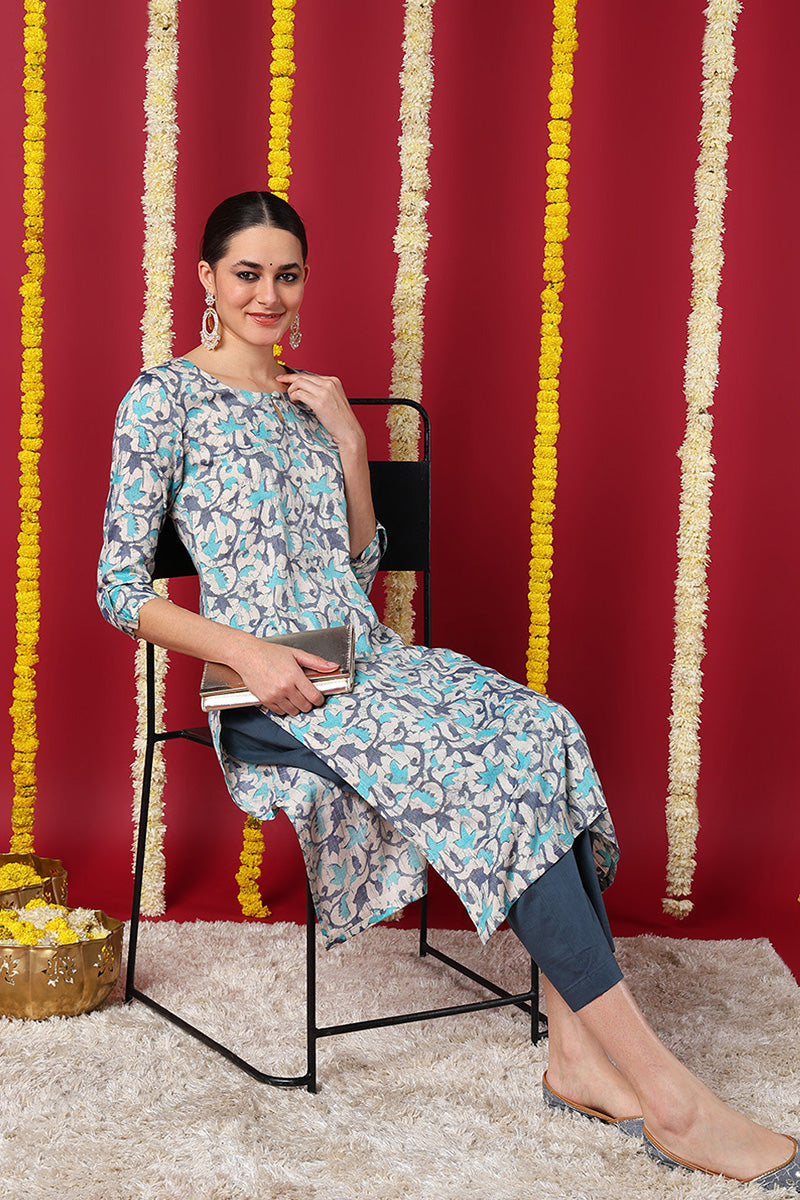 blue silk blend ethnic motifs printed straight kurta vck9709