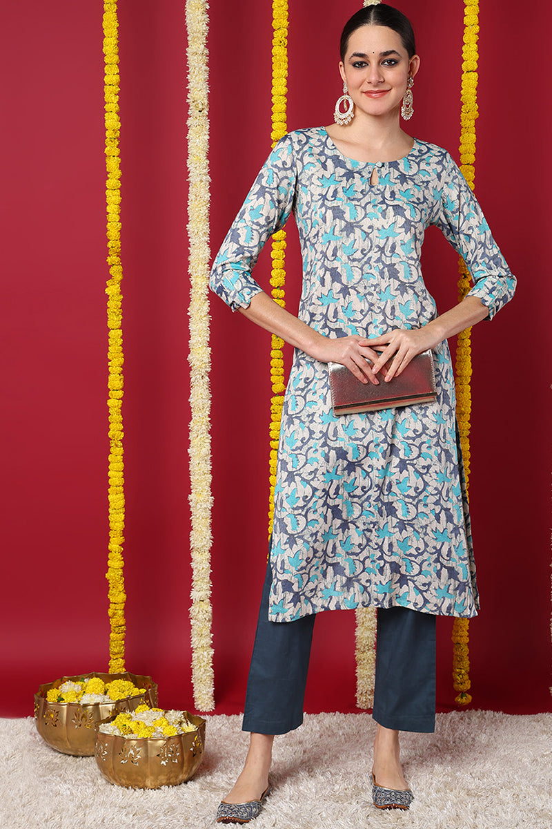 blue silk blend ethnic motifs printed straight kurta vck9709