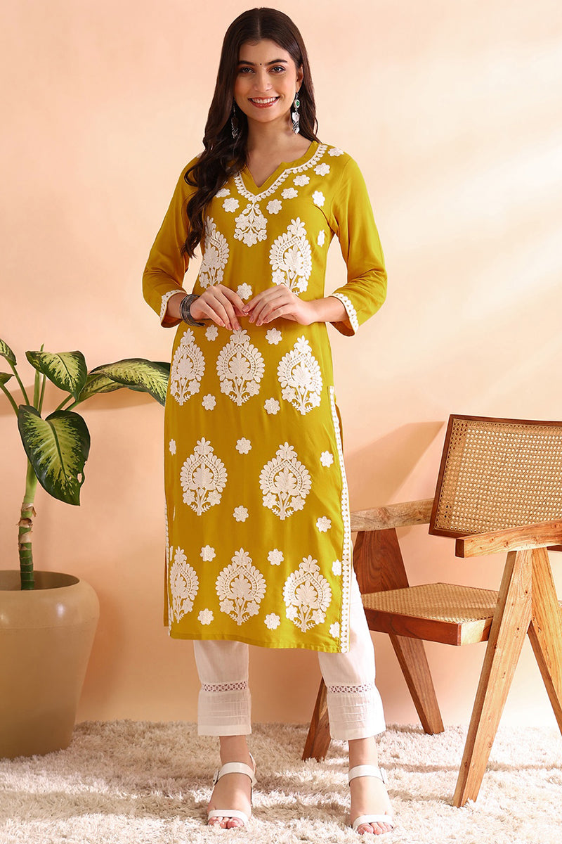 mustard yellow viscose rayon solid embroidered straight kurta vck9764