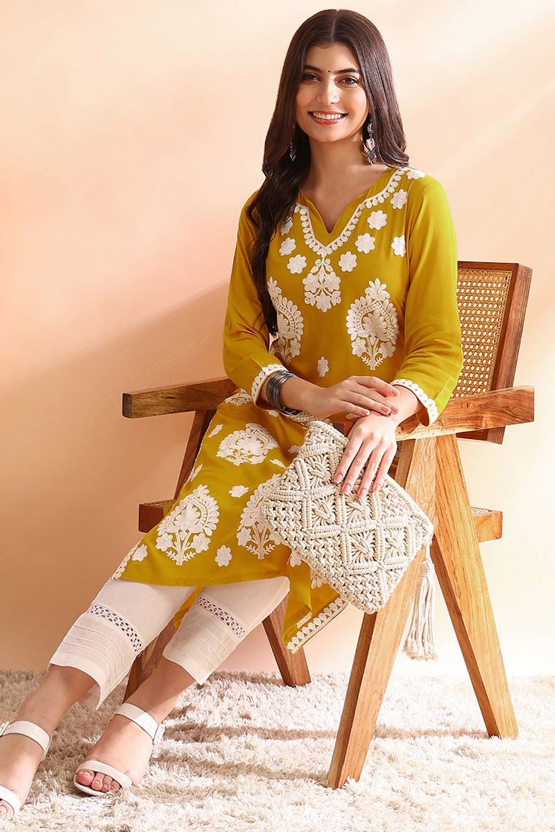 mustard yellow viscose rayon solid embroidered straight kurta vck9764