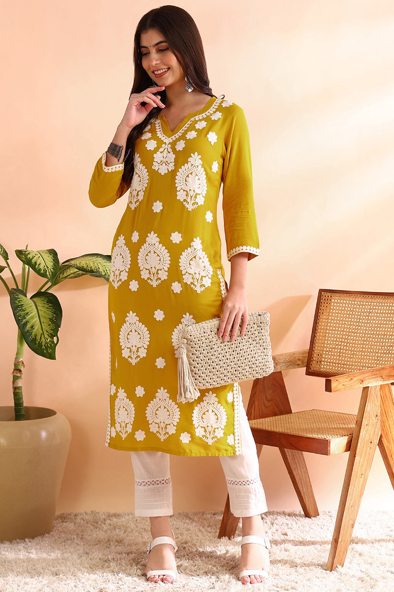 mustard yellow viscose rayon solid embroidered straight kurta vck9764