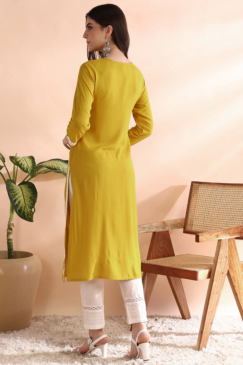 mustard yellow viscose rayon solid embroidered straight kurta vck9764