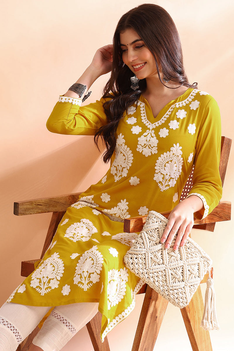 mustard yellow viscose rayon solid embroidered straight kurta vck9764