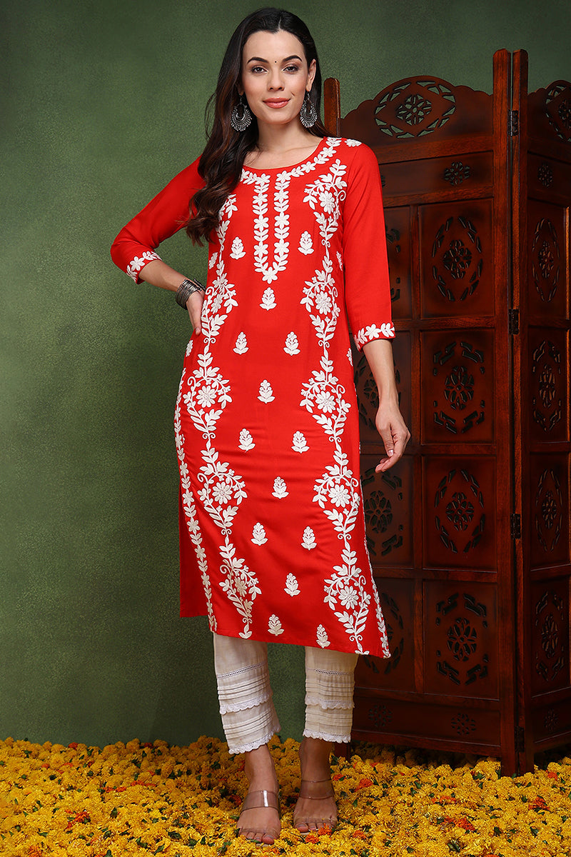 red viscose rayon solid embroidered chikankari straight kurta vck9772red