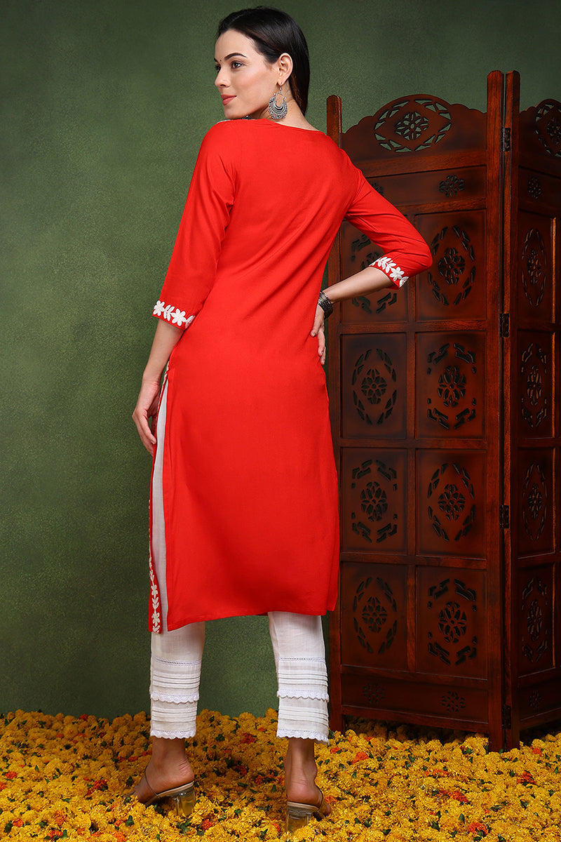 red viscose rayon solid embroidered chikankari straight kurta vck9772red
