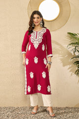 red viscose rayon solid embroidered straight kurta