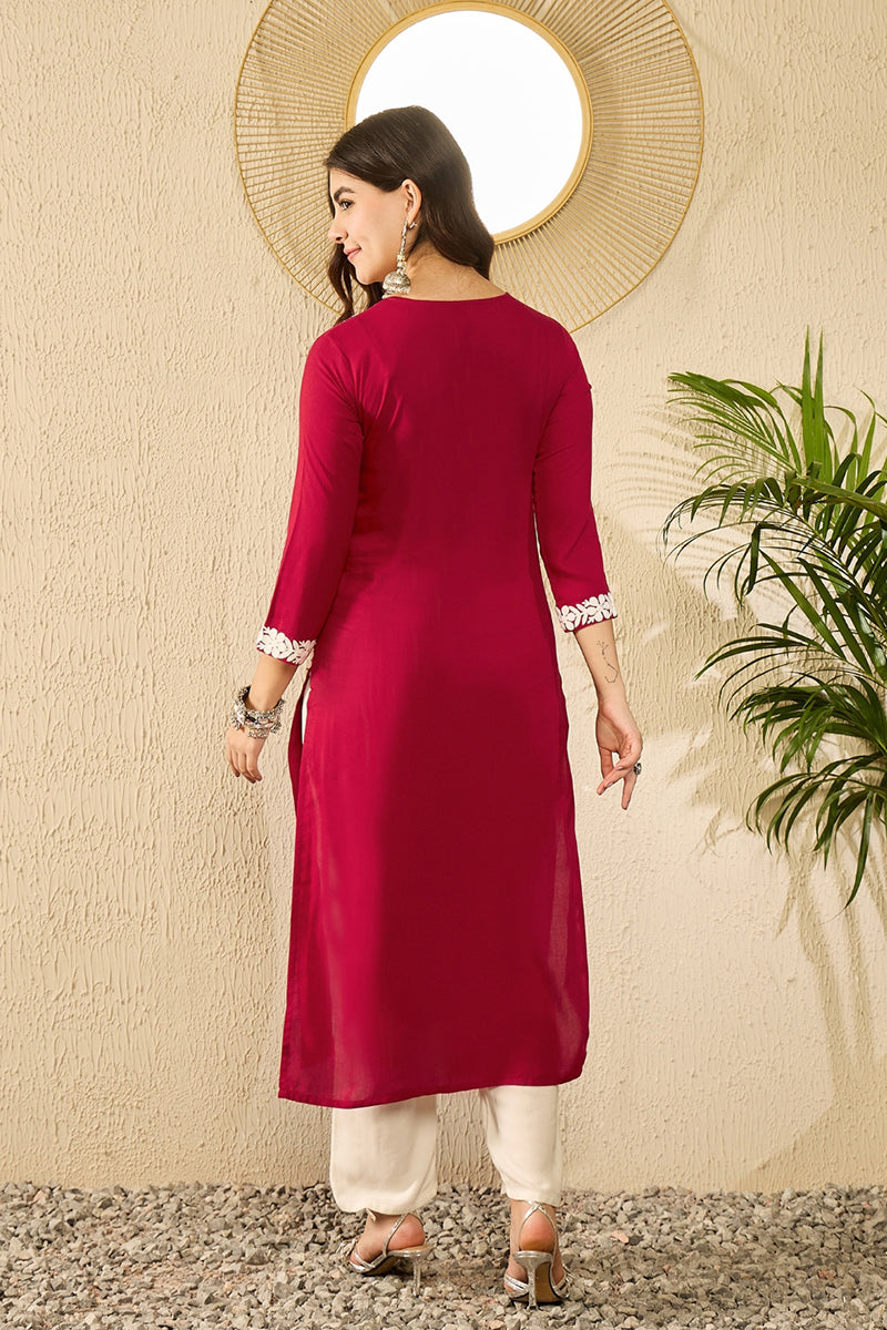 red viscose rayon solid embroidered straight kurta