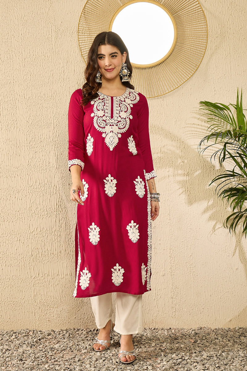 red viscose rayon solid embroidered straight kurta