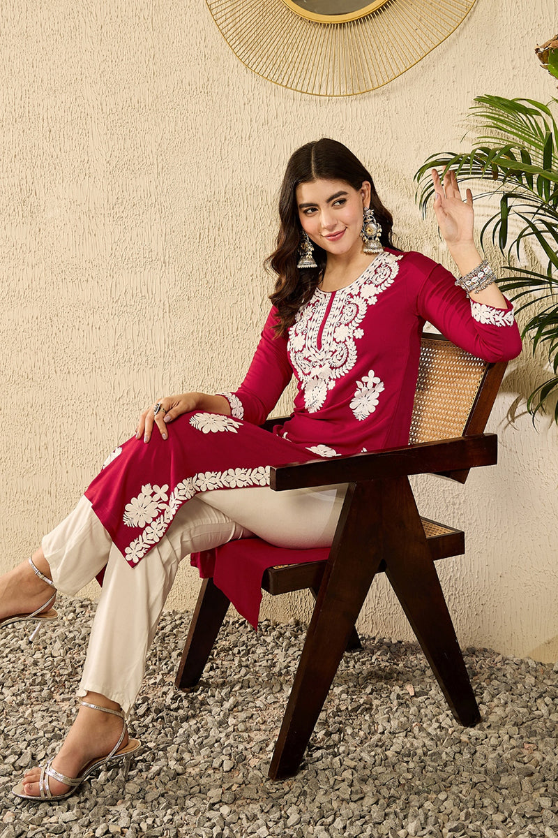 red viscose rayon solid embroidered straight kurta