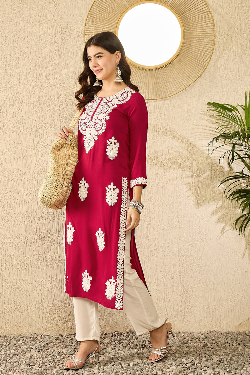 red viscose rayon solid embroidered straight kurta