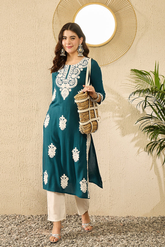 Blue Viscose Rayon Solid Embroidered Straight Kurta