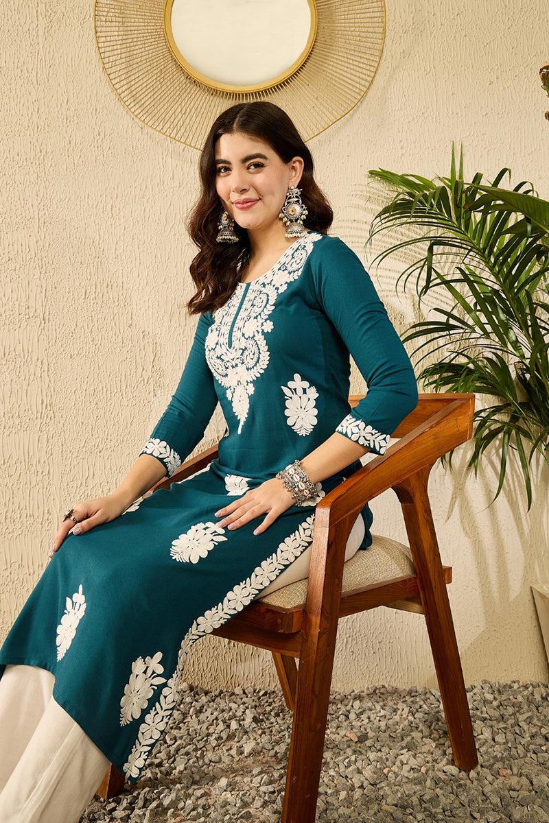 Blue Viscose Rayon Solid Embroidered Straight Kurta