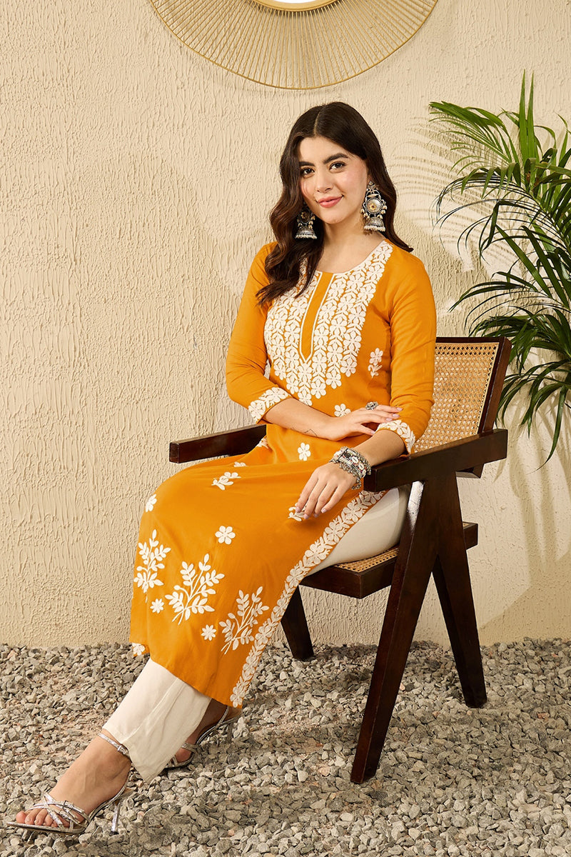 yellow viscose rayon solid embroidered straight kurta 