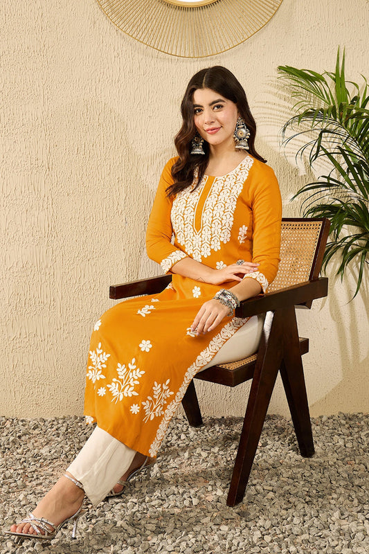 yellow viscose rayon solid embroidered straight kurta 