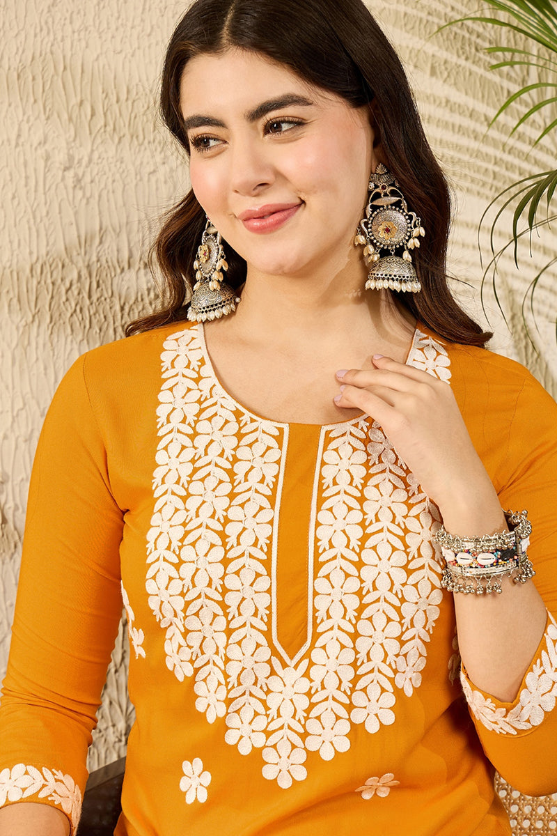 yellow viscose rayon solid embroidered straight kurta 