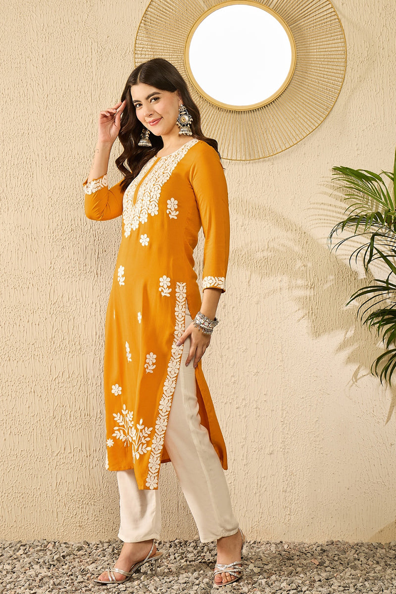 yellow viscose rayon solid embroidered straight kurta 