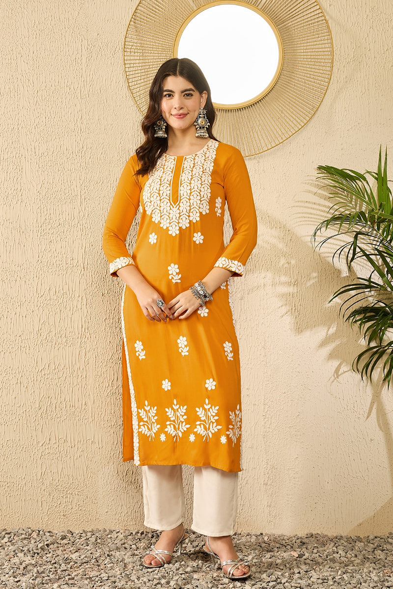 yellow viscose rayon solid embroidered straight kurta 