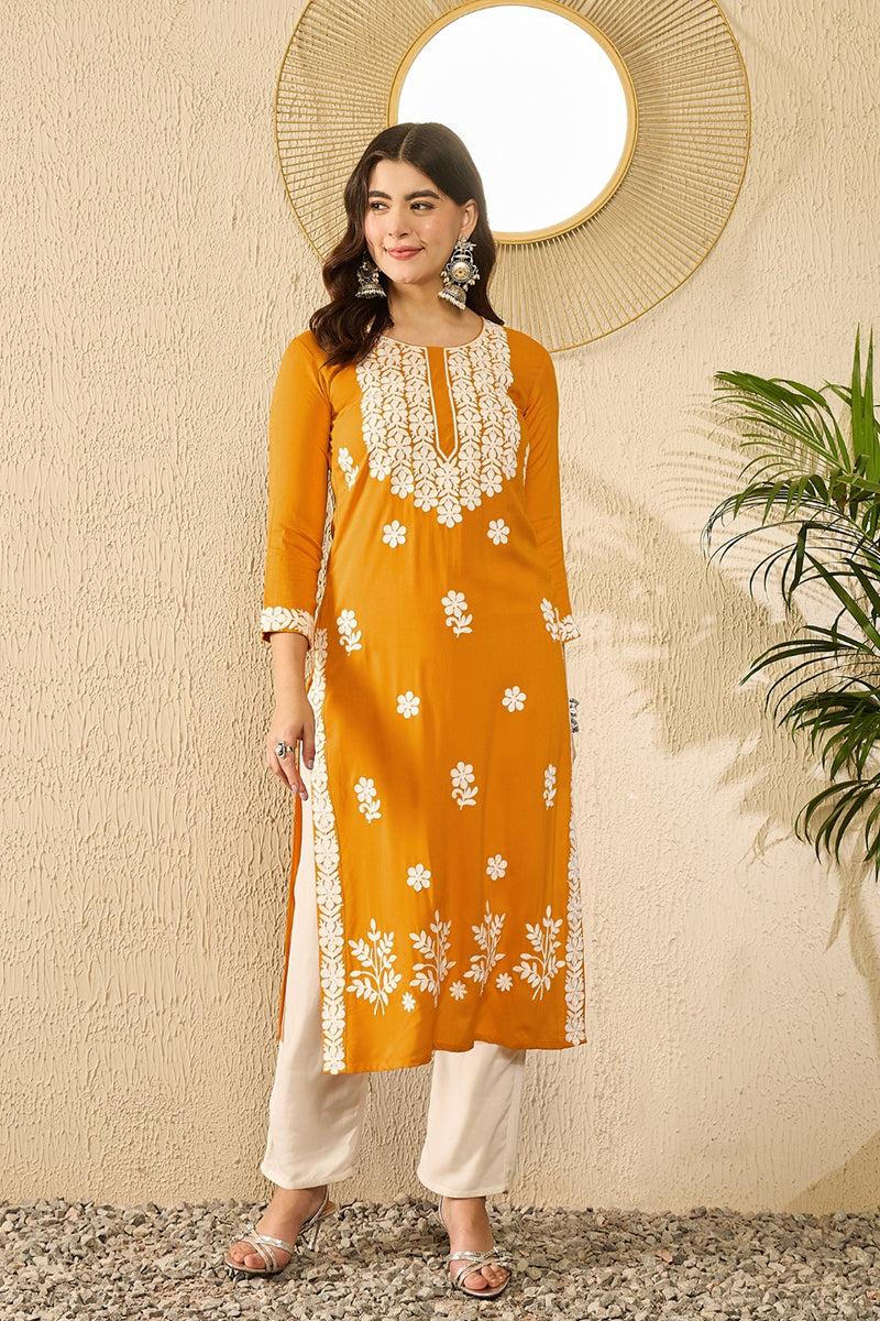 yellow viscose rayon solid embroidered straight kurta 