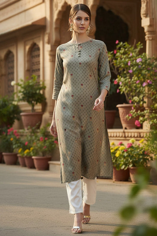 olive viscose rayon solid printed straight kurta 