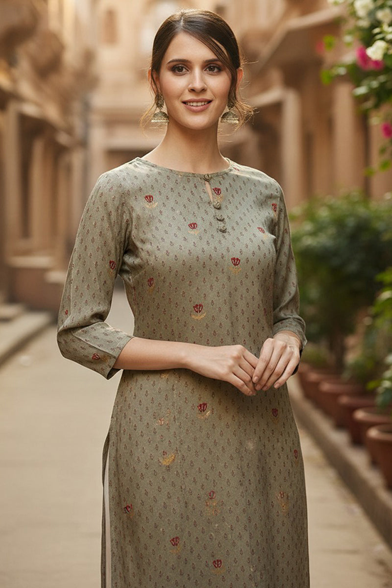 olive viscose rayon solid printed straight kurta 