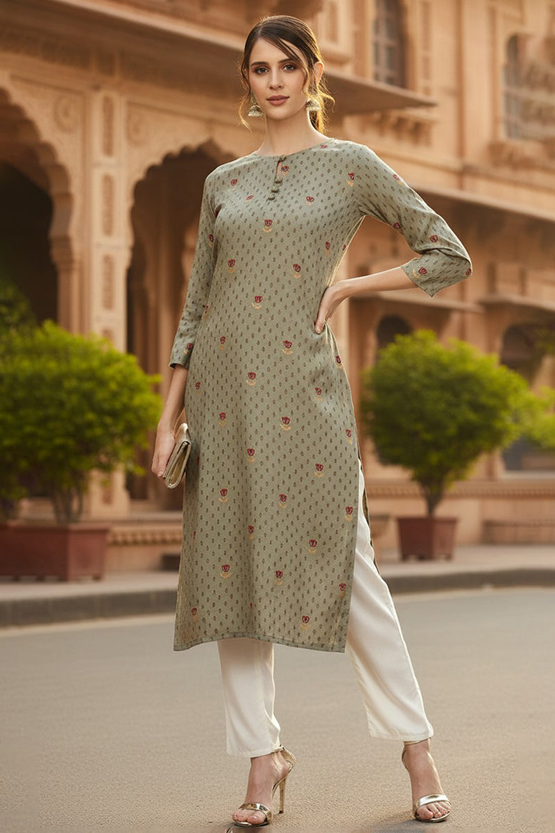 olive viscose rayon solid printed straight kurta 