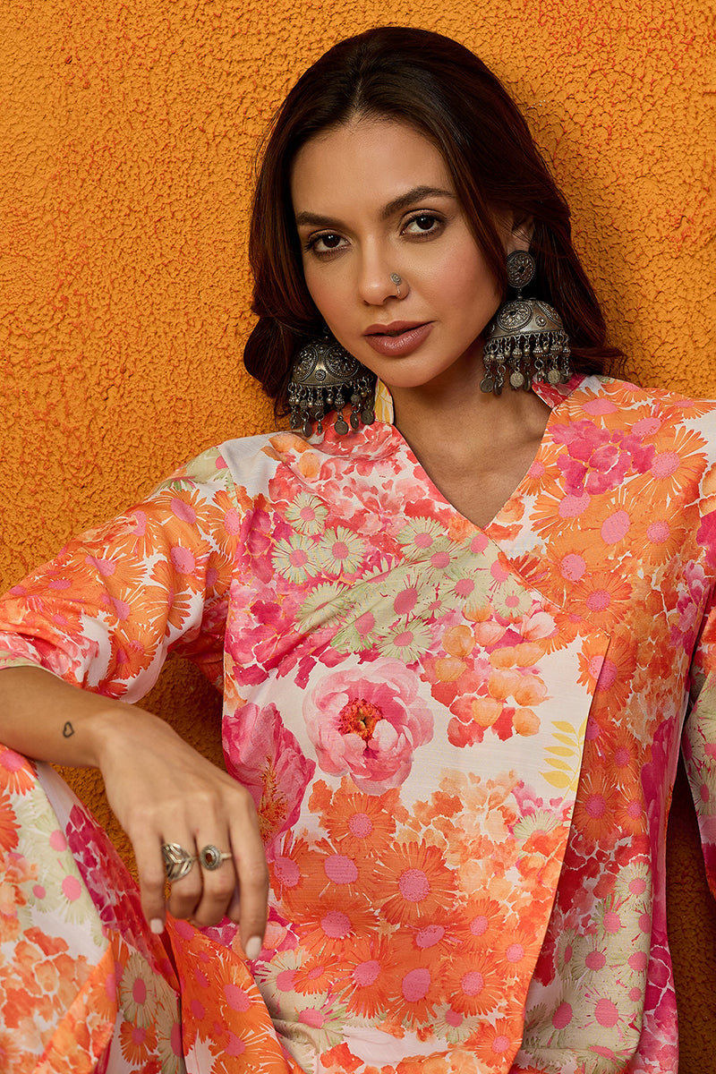 orange rayon blend floral printed straight co ords sets