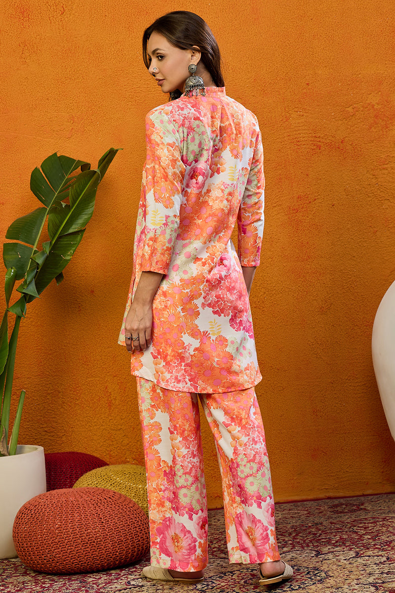 orange rayon blend floral printed straight co ords sets