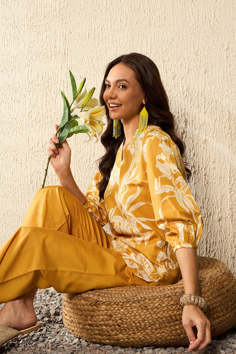 mustard rayon blend floral printed co ord sets