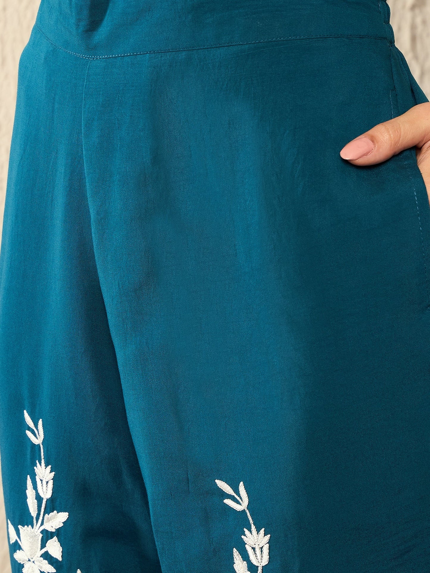 blue silk blend solid embroidered high low co ord set
