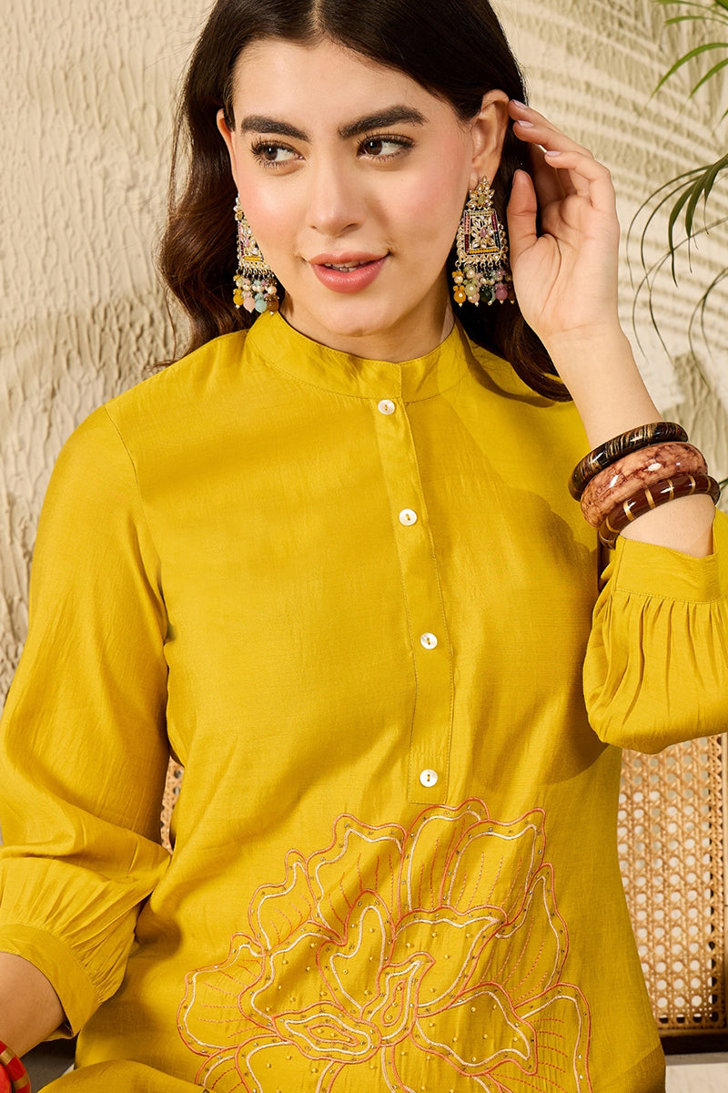 mustard silk blend solid embroidered regular coord sets 