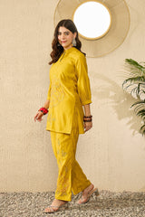 mustard silk blend solid embroidered regular coord sets 