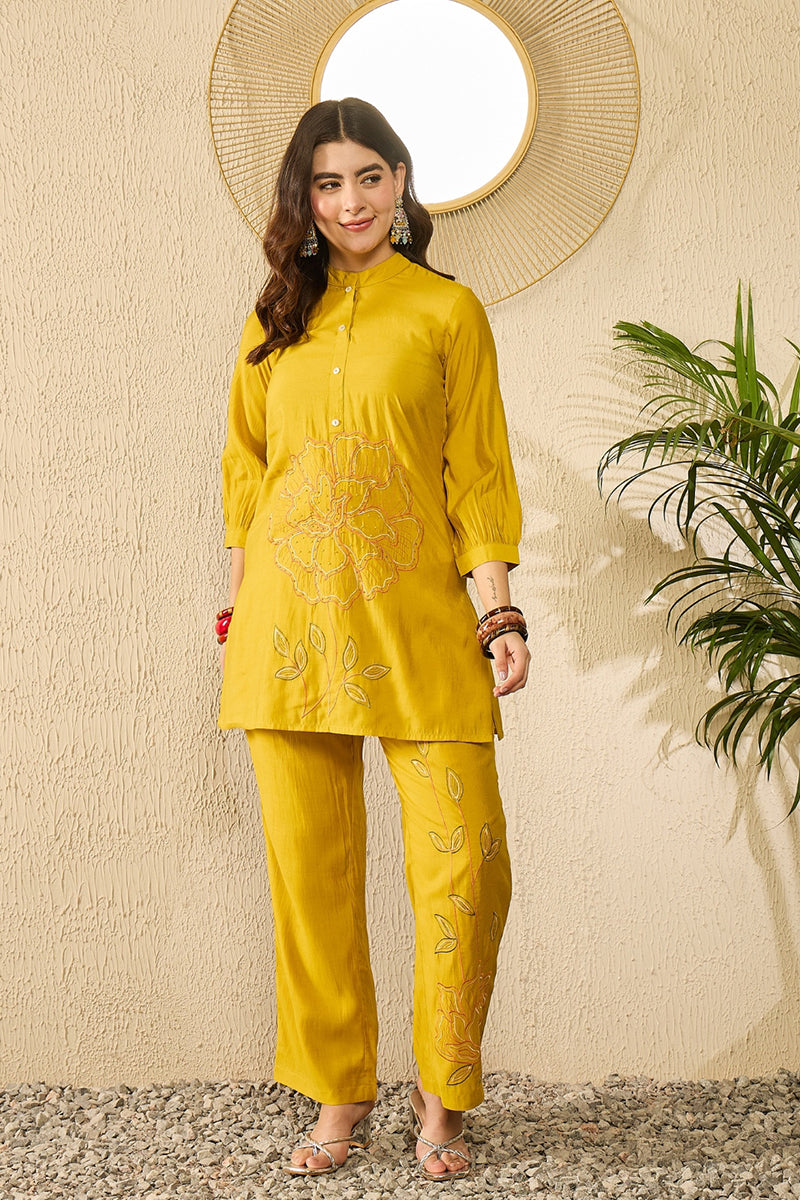 mustard silk blend solid embroidered regular coord sets 