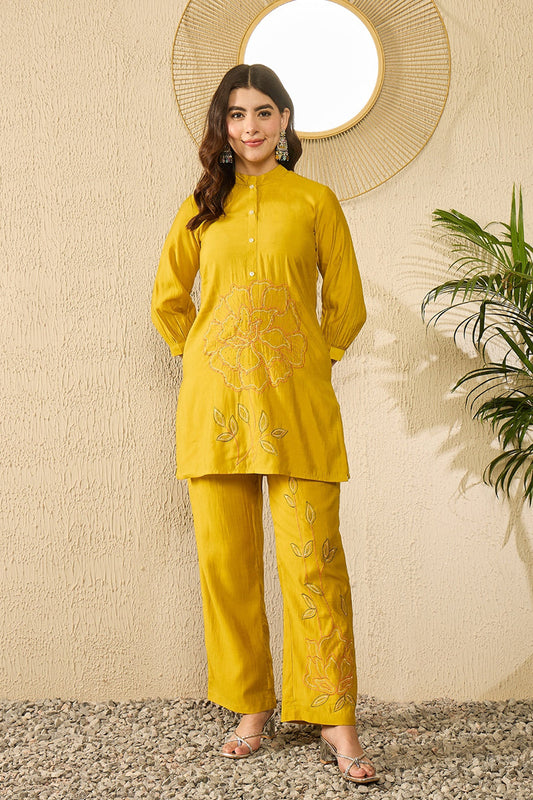 mustard silk blend solid embroidered regular coord sets 