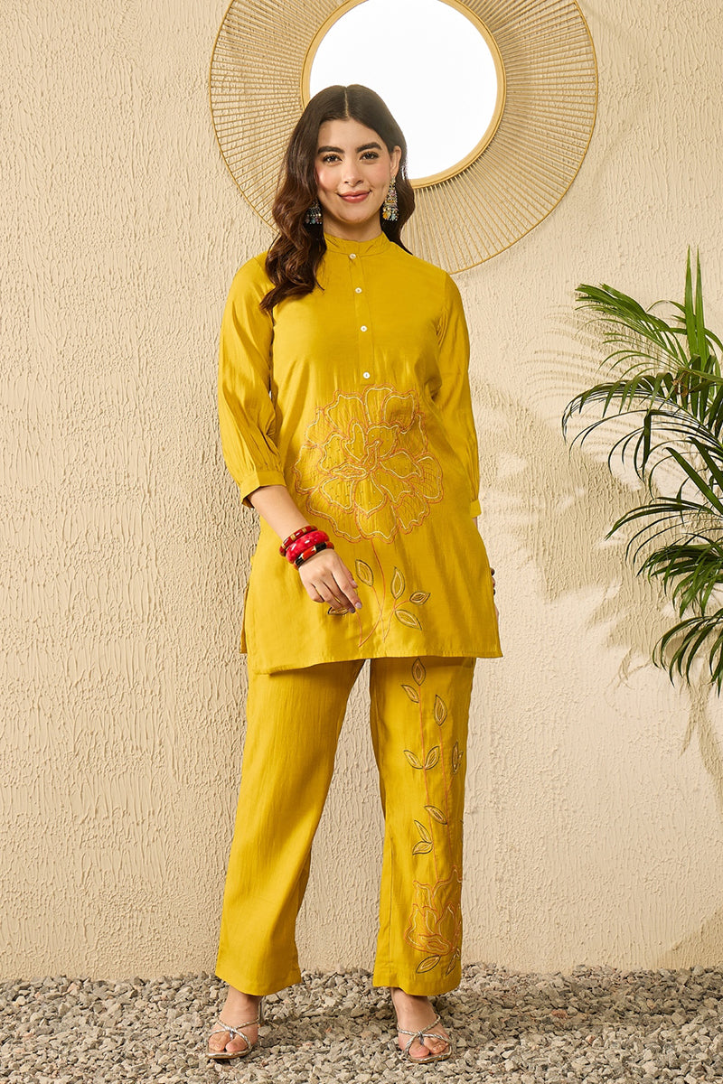 mustard silk blend solid embroidered regular coord sets 