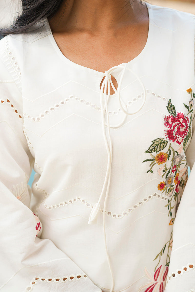 white silk blend solid embroidered coord sets