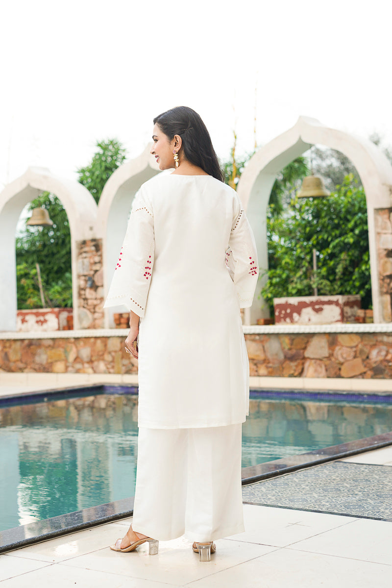 white silk blend solid embroidered coord sets