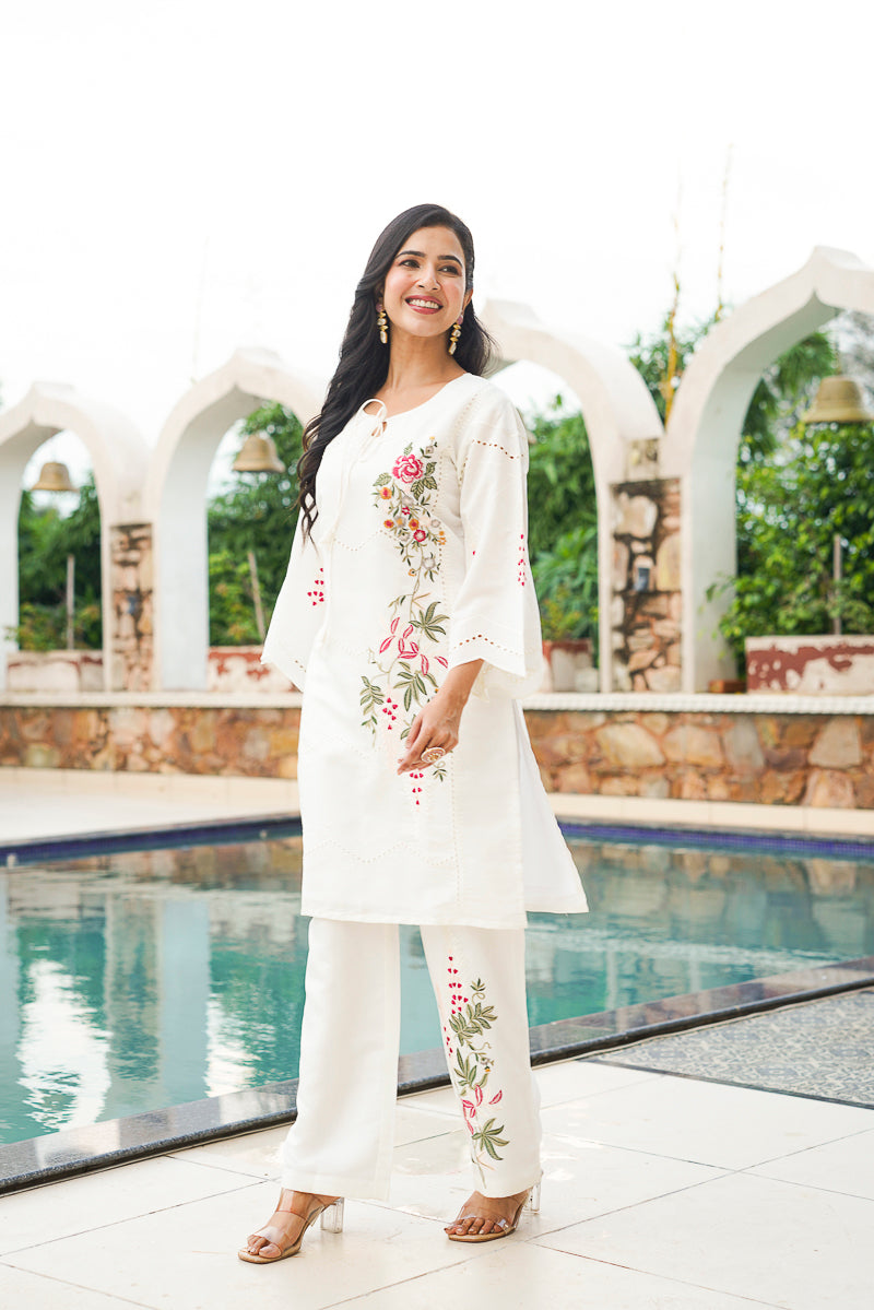 white silk blend solid embroidered coord sets