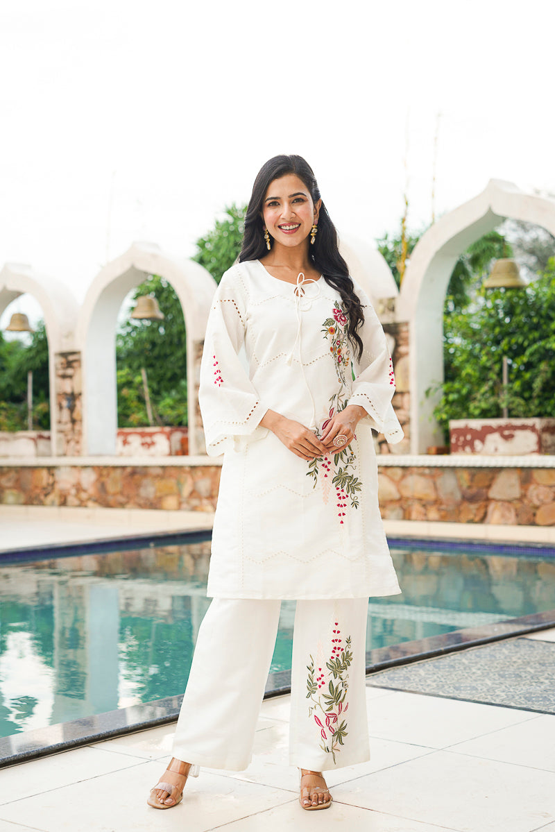white silk blend solid embroidered coord sets