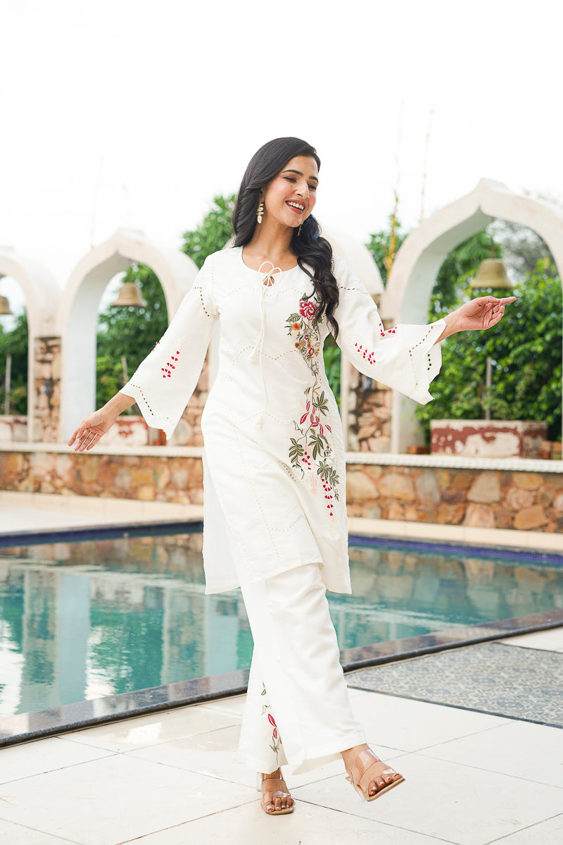 white silk blend solid embroidered coord sets