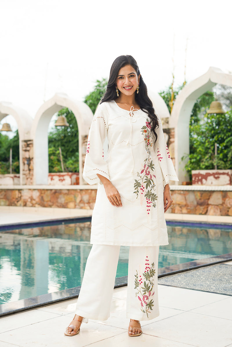 white silk blend solid embroidered coord sets