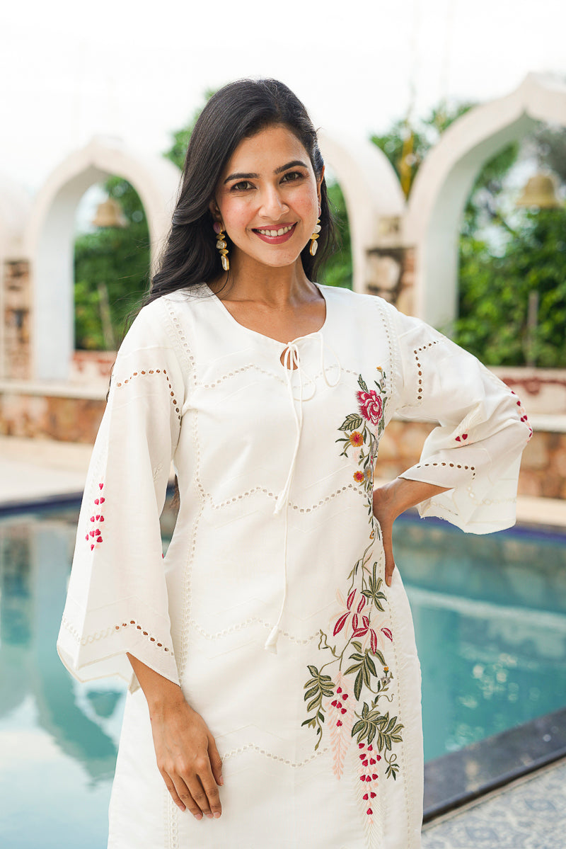 white silk blend solid embroidered coord sets