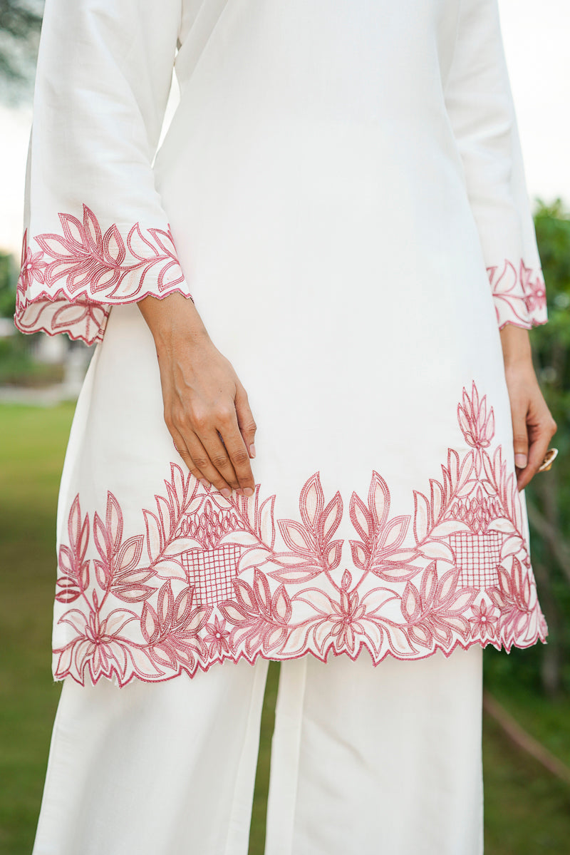 white silk blend solid embroidered coord sets