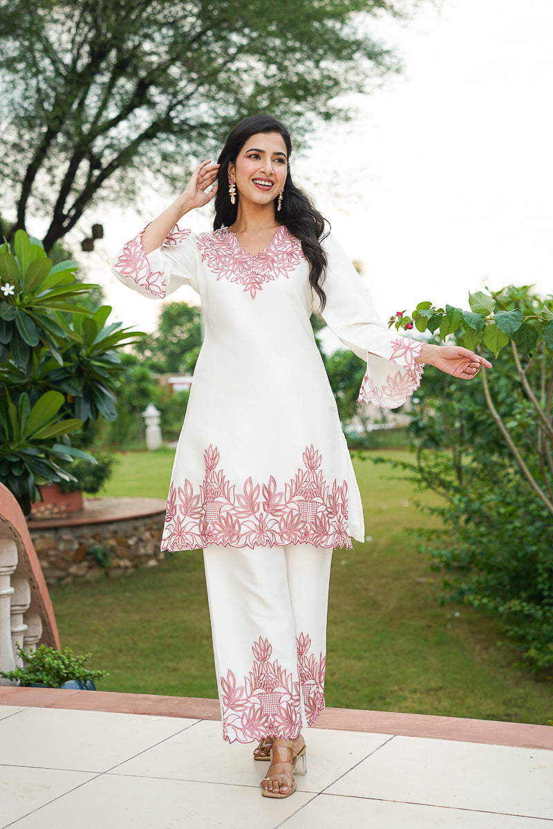 white silk blend solid embroidered coord sets