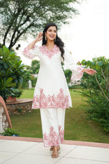white silk blend solid embroidered coord sets