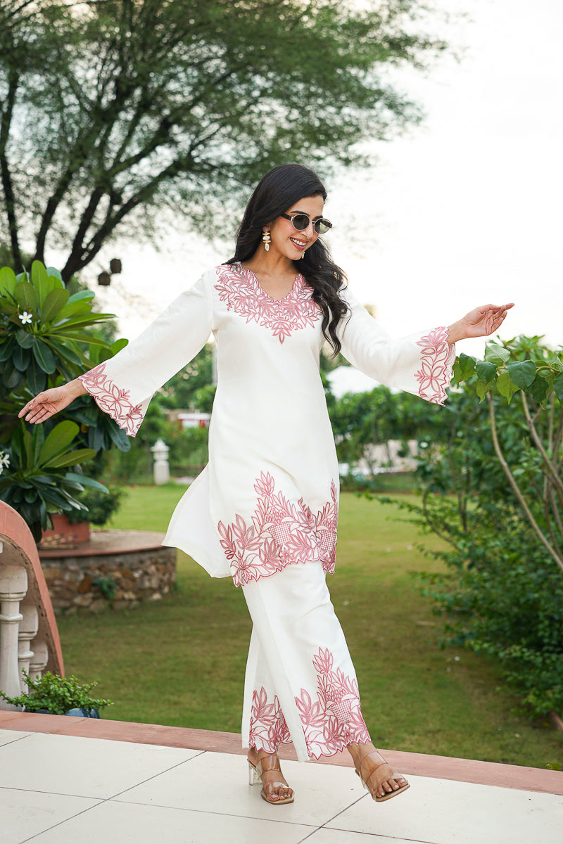 white silk blend solid embroidered coord sets