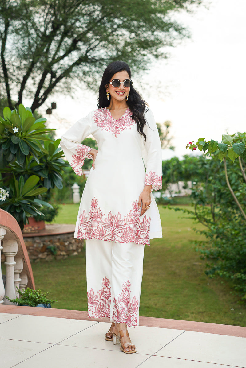 white silk blend solid embroidered coord sets
