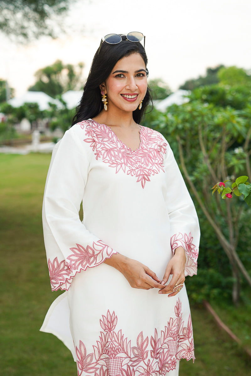 white silk blend solid embroidered coord sets