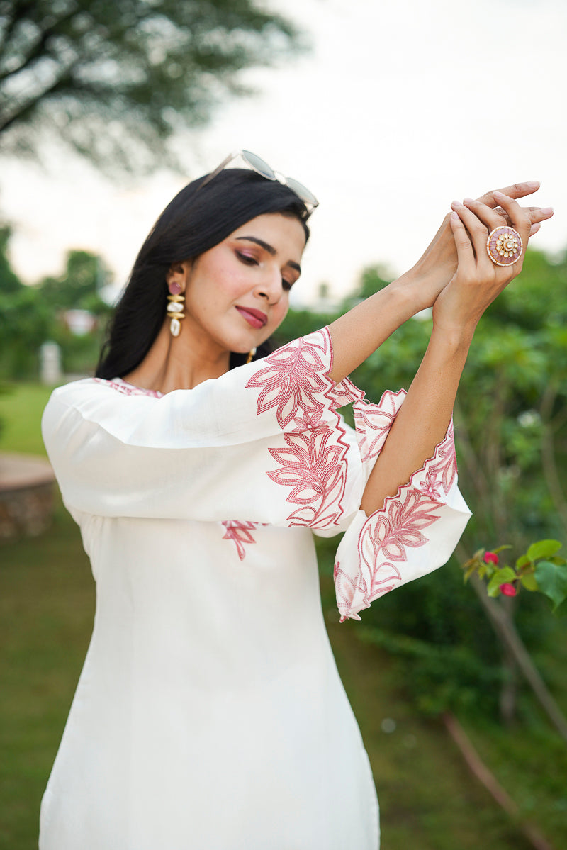 white silk blend solid embroidered coord sets