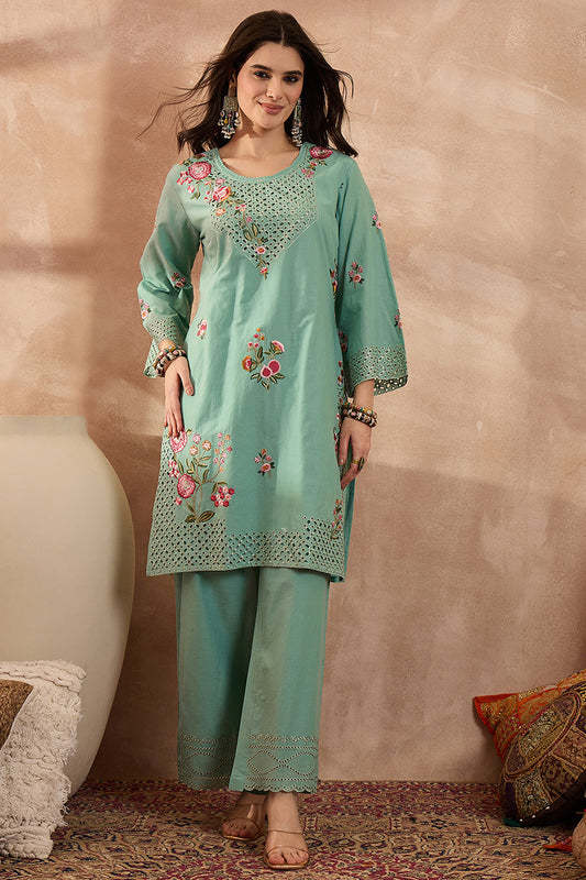 blue pure cotton embroidered straight coord sets
